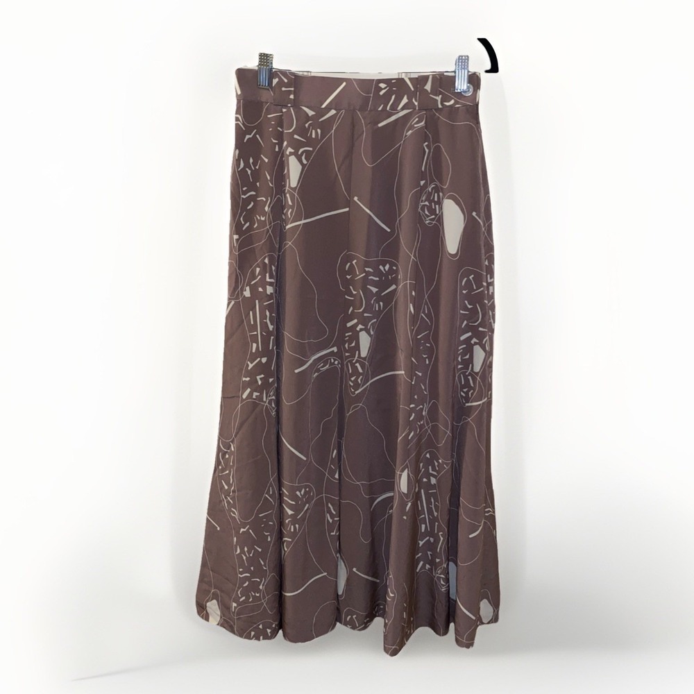 Jaeger Tan A-Line Midi Skirt Abstract Print Size Uk12/us8 Made in Great‎ Britain